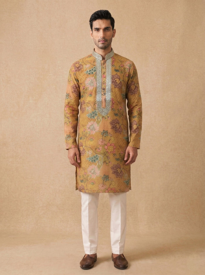 Mustard Silk Kurta Set for Men with Floral Embroidery & White Aligarhi Bottom - KORANM