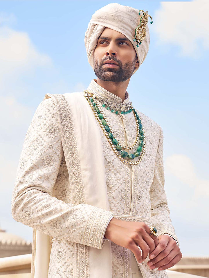 Pearl Cream Embroidered Wedding Sherwani For Groom