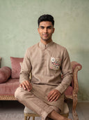 Khaki Linen Floral Pocket Embroidered Kurta Set with Khaki Aligarhi pant