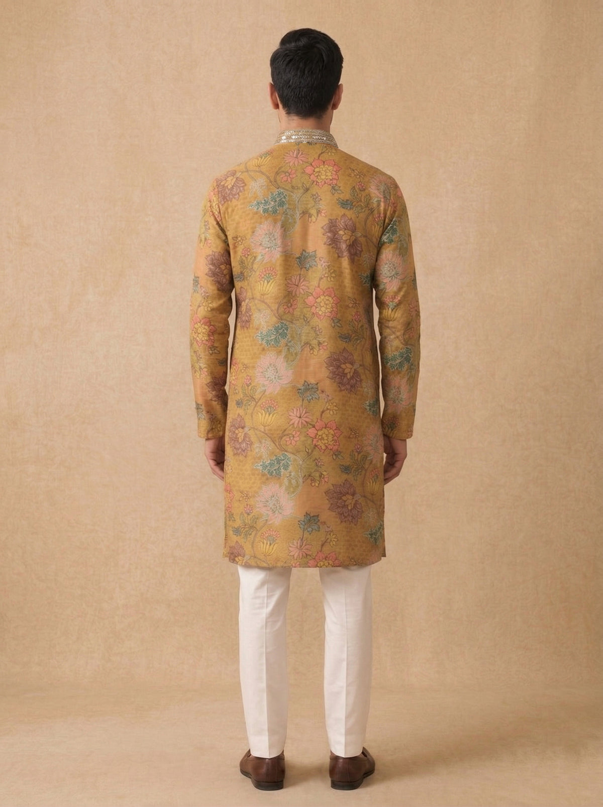 Mustard Silk Kurta Set for Men with Floral Embroidery & White Aligarhi Bottom - KORANM
