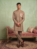Khaki Linen Floral Pocket Embroidered Kurta Set with Khaki Aligarhi pant