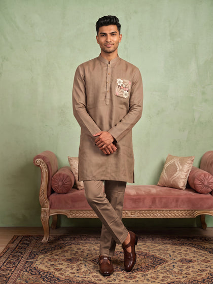 Khaki Linen Floral Pocket Embroidered Kurta Set with Khaki Aligarhi pant