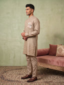 Khaki Linen Floral Pocket Embroidered Kurta Set with Khaki Aligarhi pant