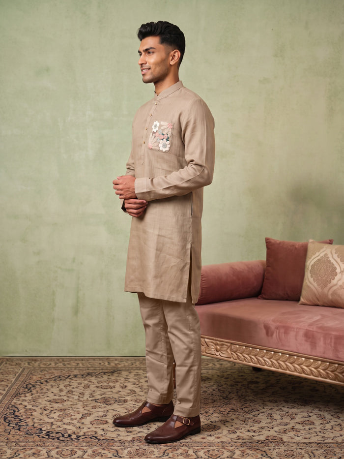 Khaki Linen Floral Pocket Embroidered Kurta Set with Khaki Aligarhi pant - KORANM
