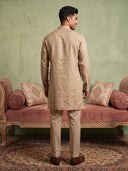 Khaki Linen Floral Pocket Embroidered Kurta Set with Khaki Aligarhi pant