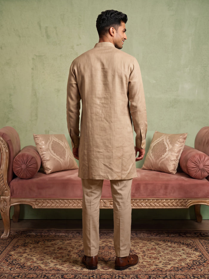 Khaki Linen Floral Pocket Embroidered Kurta Set with Khaki Aligarhi pant - KORANM