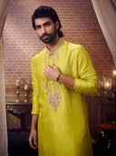 Yellow Embroidered Mysore Silk Kurta Set
