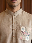 Khaki Linen Floral Pocket Embroidered Kurta Set with Khaki Aligarhi pant