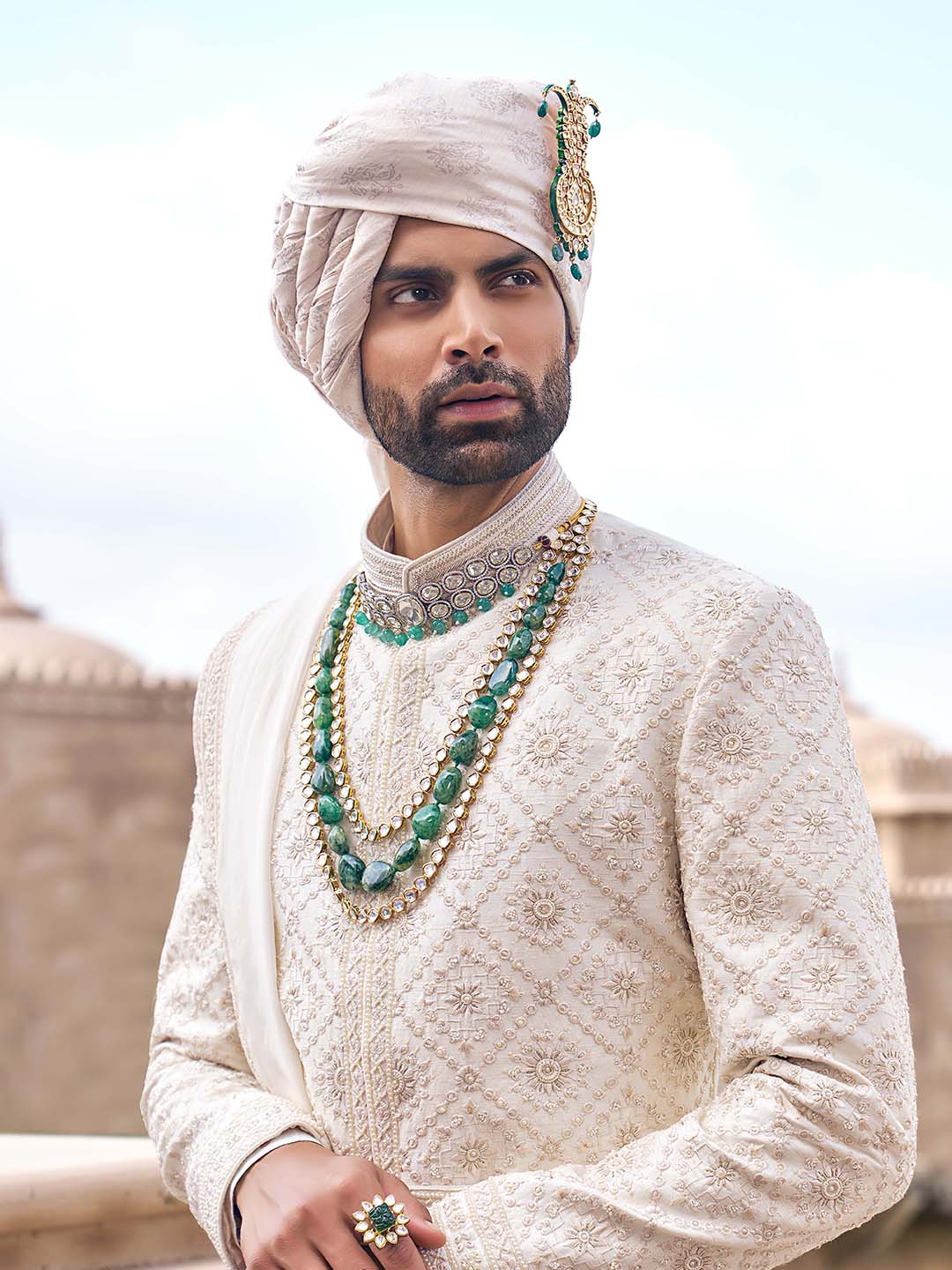 Pearl Cream Embroidered Wedding Sherwani For Groom