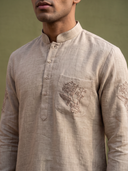 Natural Beige Linen Embroidered Pocket Kurta & Palazzo Set