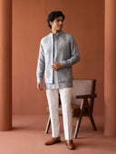 Grey Linen Hand-Embroidered Bandi Shirt with Chinese Collar
