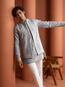 Grey Linen Hand-Embroidered Bandi Shirt with Chinese Collar
