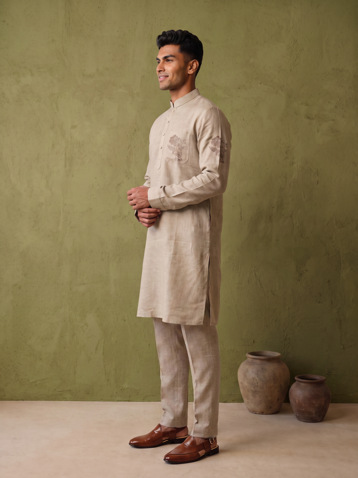 Natural Beige Linen Embroidered Kurta and Palazzo - KORANM