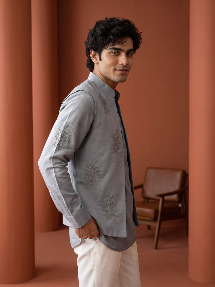 Grey Linen Hand-Embroidered Bandi Shirt with Chinese Collar - KORANM