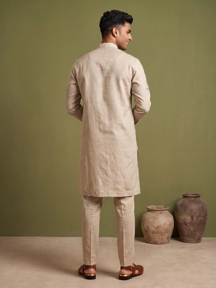 Natural Beige Linen Embroidered Kurta and Palazzo - KORANM