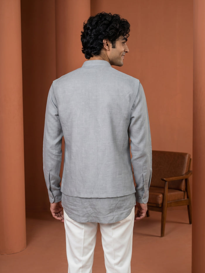 Grey Linen Hand-Embroidered Bandi Shirt with Chinese Collar - KORANM