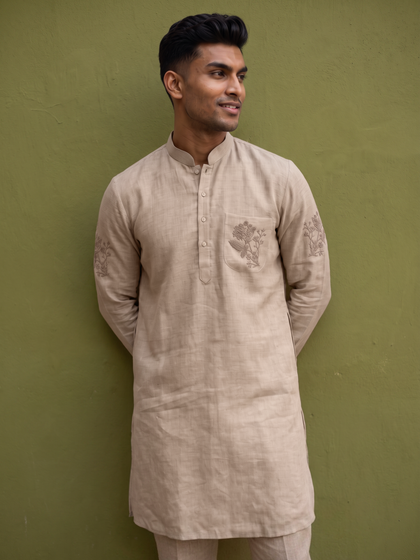 Natural Beige Linen Embroidered Kurta and Palazzo