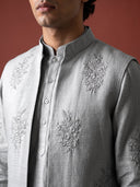 Grey Linen Hand-Embroidered Bandi Shirt with Chinese Collar