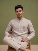 Natural Beige Linen Embroidered Pocket Kurta & Palazzo Set