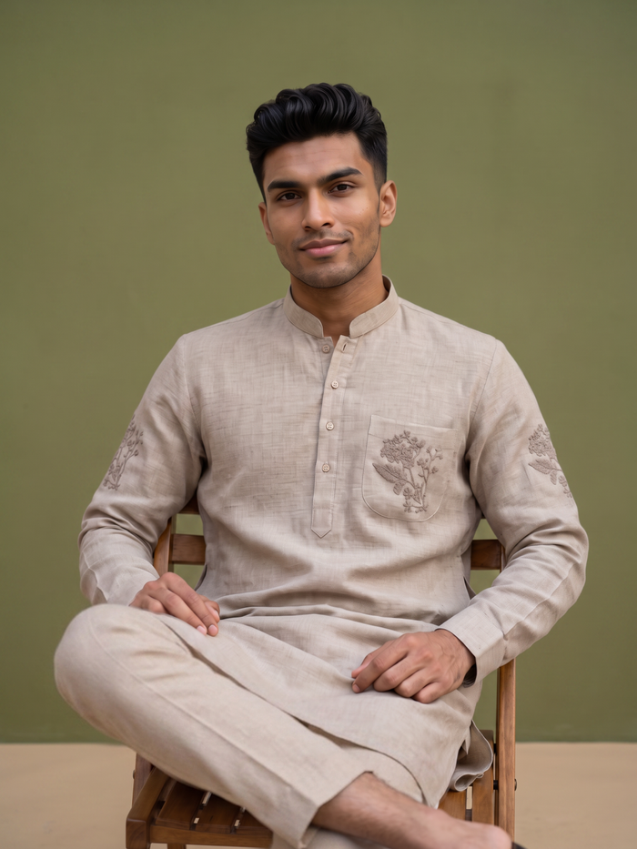 Natural Beige Linen Embroidered Kurta and Palazzo - KORANM