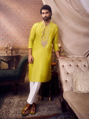 Yellow Embroidered Mysore Silk Kurta Set