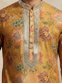 Mustard Silk Kurta Set for Men with Floral Embroidery & White Aligarhi Bottom