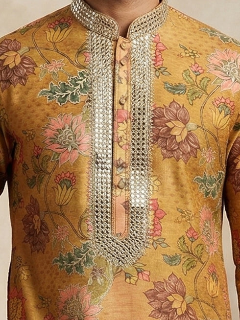 Mustard Silk Kurta Set for Men with Floral Embroidery & White Aligarhi Bottom - KORANM