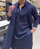 Navy Blue Twill Silk Resham Embroidered Kurta with Aligarhi Pant Set
