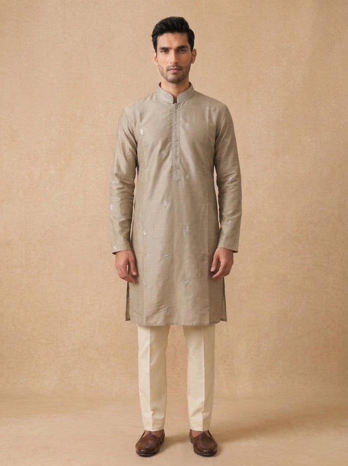 Beige Tussar Silk Kurta Set for Men with Embroidery and Cream Aligarhi Bottom - KORANM
