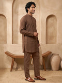 Brown Linen Embroidered Kurta with Aligarhi Bottoms