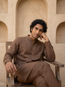 Brown Linen Embroidered Kurta with Aligarhi Bottoms