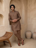 Brown Linen Embroidered Kurta with Aligarhi Bottoms