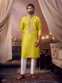 Yellow Embroidered Mysore Silk Kurta Set