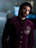 Close-up of embroidery detailing on purple velvet Bandhgala coat – Kora by Nilesh Mitesh