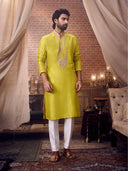 Yellow Embroidered Mysore Silk Kurta Set