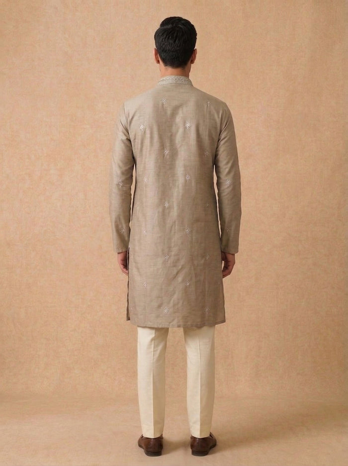 Beige Tussar Silk Kurta Set for Men with Embroidery and Cream Aligarhi Bottom - KORANM