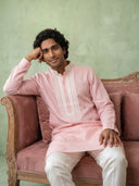 Onion Pink Linen Lace Embroidered Kurta and Palazzo