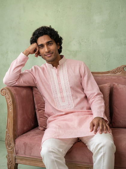 Onion Pink Linen Lace Embroidered Kurta and Palazzo