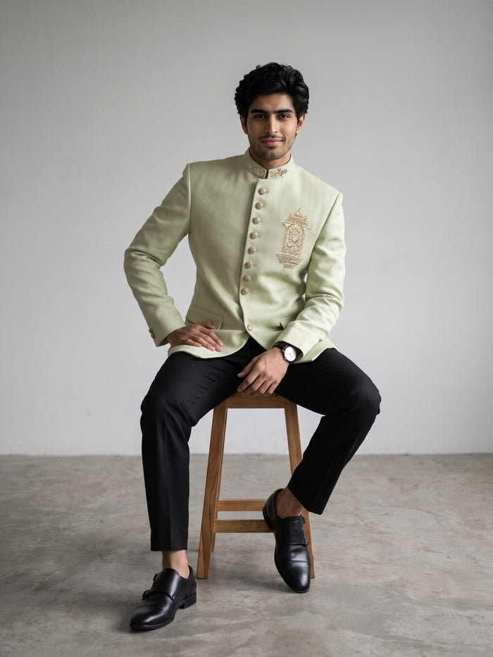 Pista Green Chest Embroidered Silk Jodhpuri Set