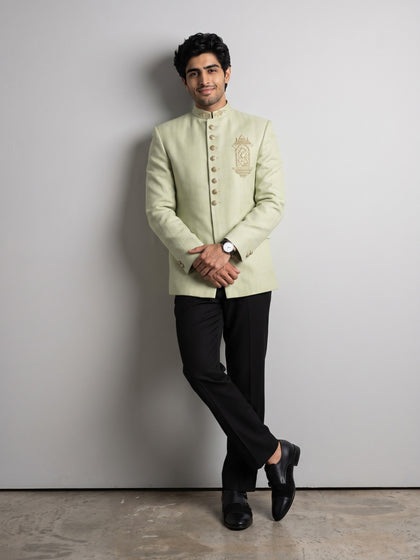 Pista Green Chest Embroidered Silk Jodhpuri Set