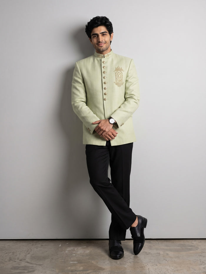 Pista Green Chest Embroidered Silk Jodhpuri Set