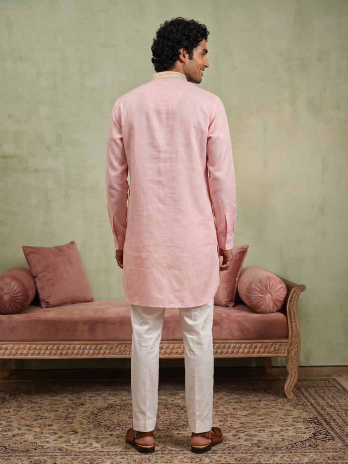 Onion Pink Linen Lace Embroidered Kurta and Palazzo - KORANM