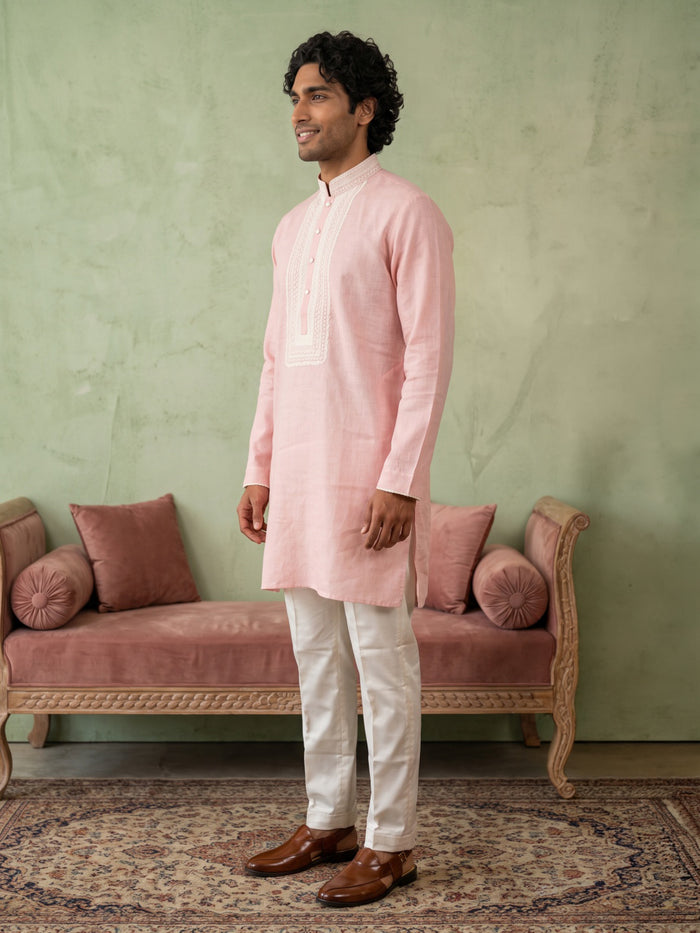 Onion Pink Linen Lace Embroidered Kurta and Palazzo - KORANM