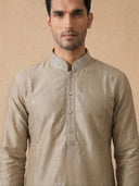 Beige Tussar Silk Kurta Set for Men with Embroidery and Cream Aligarhi Bottom