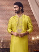 Yellow Embroidered Mysore Silk Kurta Set