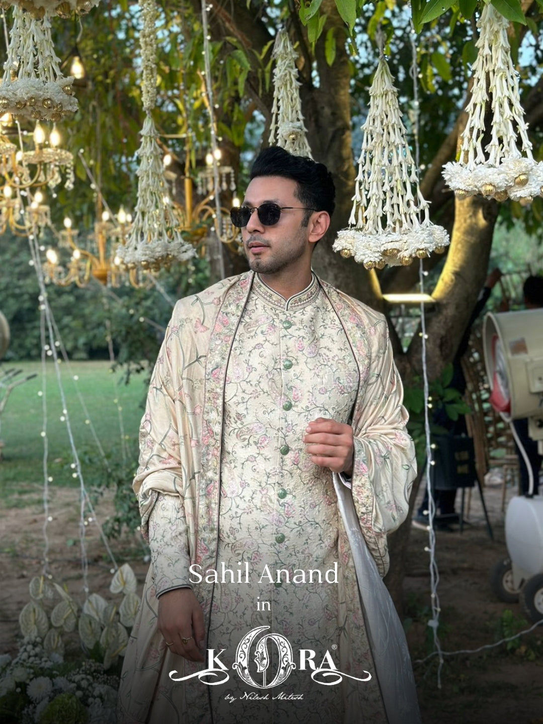 Sahil Anand radiates royal charm in our pista raw silk embroidered sherwani with dupatta and churidar - KORANM