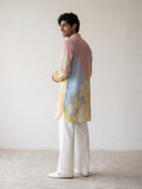 Multi-Colour Satin Linen Floral Printed Kurta Set with White Palazzo for Men
