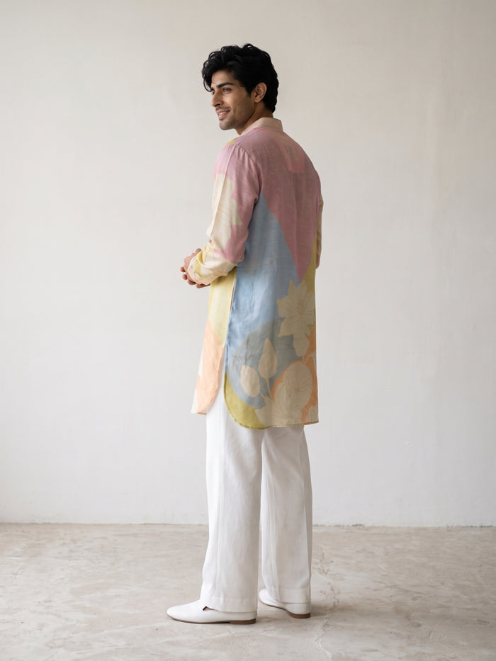 Multi-Colour Satin Linen Floral Printed Kurta Set with White Palazzo for Men - KORANM