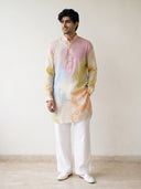 Multi-Colour Satin Linen Floral Printed Kurta Set with White Palazzo for Men