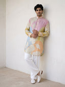 Multi-Colour Satin Linen Floral Printed Kurta Set with White Palazzo for Men